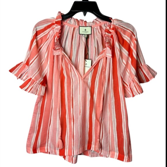 Tuckernuck Cassis Top XS NWT Sunrise Stripes Pink Cotton Ruffle Sleeve Boho - Picture 7 of 8